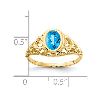 14K Gelbgold Ring mit 7x5 mm ovalem Blautopas im Schachbrettschliff