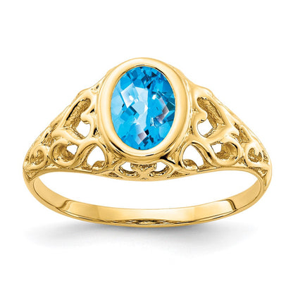 14K Gelbgold Ring mit 7x5 mm ovalem Blautopas im Schachbrettschliff