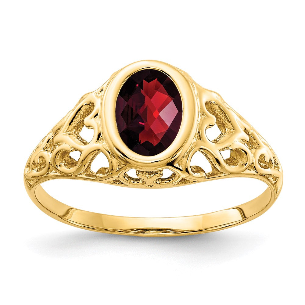 14K Gelbgold Ring mit 7x5mm ovalem Granat im Schachbrettschliff