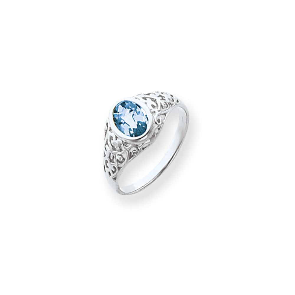 14K Weißgold Ring mit 7x5mm ovalem Blautopas im Schachbrettschliff