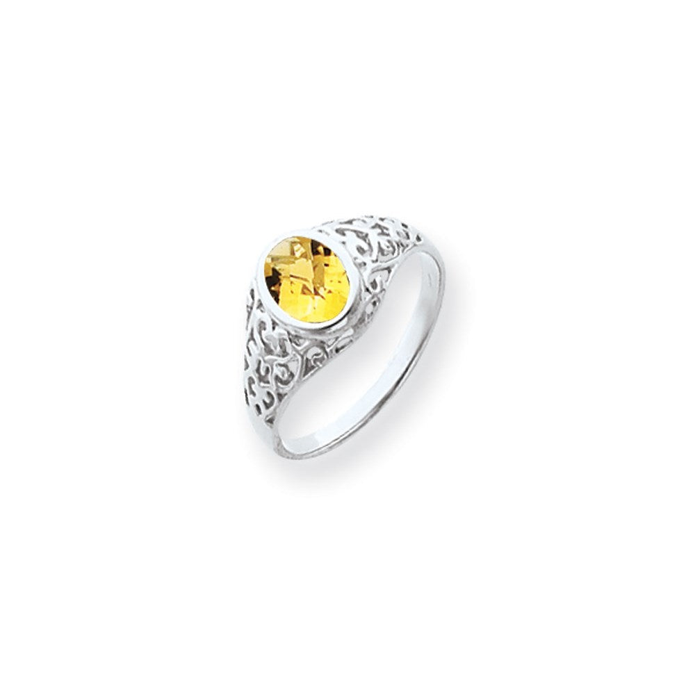 14K Weißgold Ring mit ovalem 7x5mm Citrin im Schachbrettschliff
