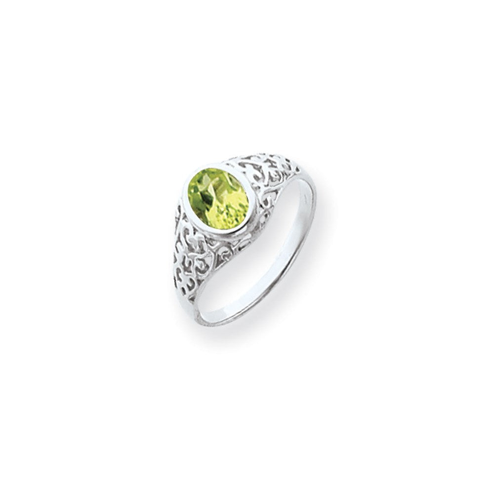 14K Weißgold Ring mit 7x5 mm ovalem Peridot im Schachbrettschliff