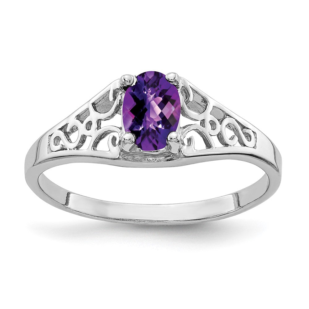 14K Weißgold Ring mit ovalem 6x4mm Amethyst im Schachbrettschliff