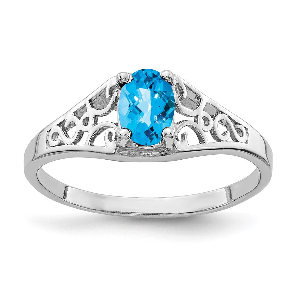 14K Weißgold Ring mit ovalem 6x4 mm Blautopas im Schachbrettschliff