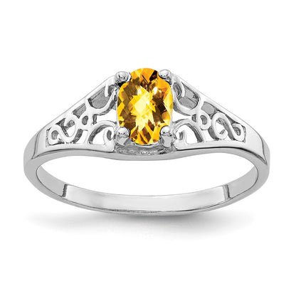 14K Weißgold Ring mit 6x4mm ovalem Citrin im Schachbrettschliff