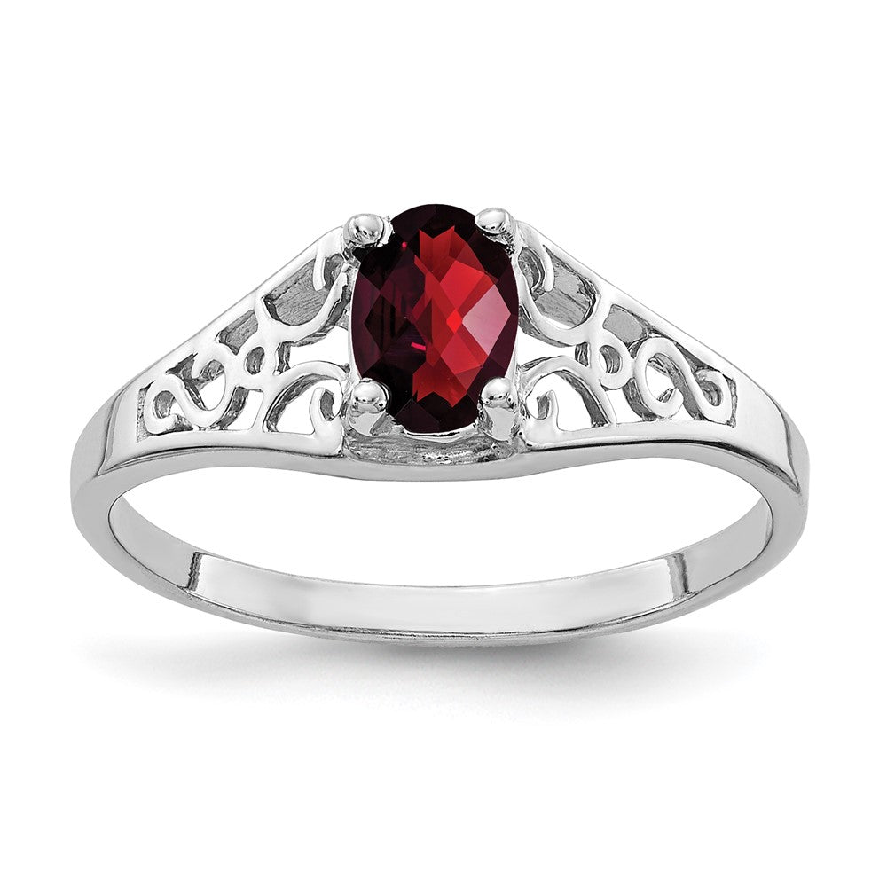 14K Weißgold Ring mit ovalem Granat im Karo-Schliff, 6x4mm