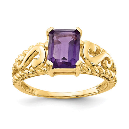 14K Gelbgold Ring mit 8x6mm Amethyst im Smaragdschliff