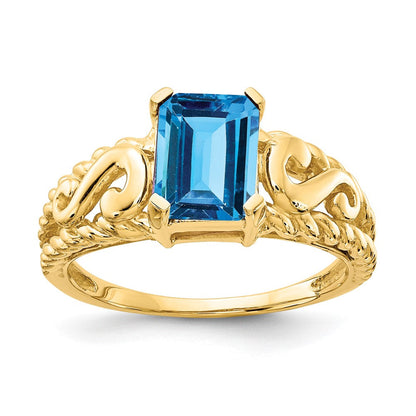 14K Gelbgold Ring mit 8x6mm Blautopas im Smaragdschliff
