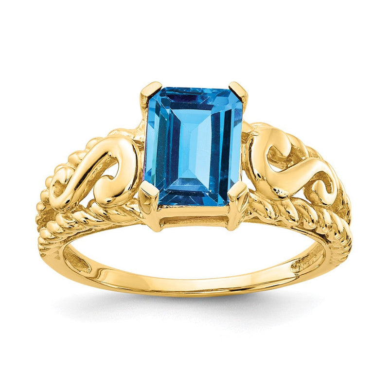14K Gelbgold Ring mit 8x6mm Blautopas im Smaragdschliff