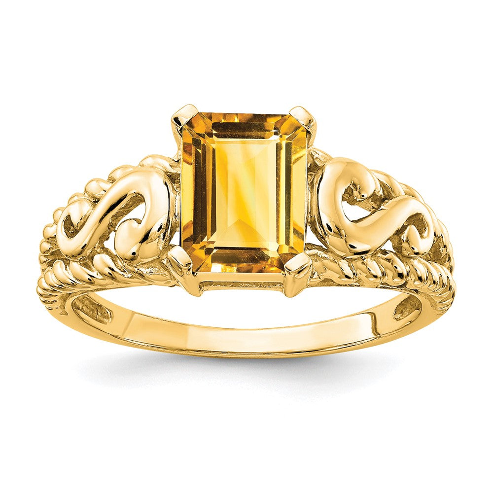 14K Gelbgold Ring mit 8x6mm Citrin im Smaragdschliff