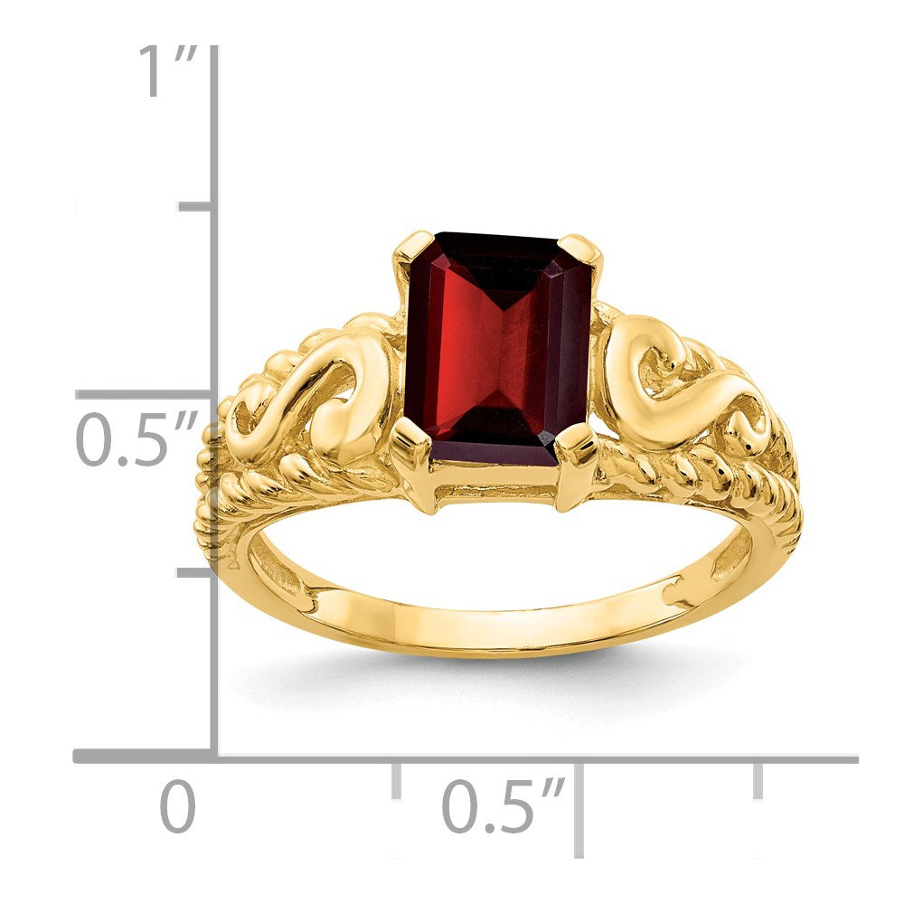 14K Gelbgold Ring mit Granat im Smaragdschliff, 8x6 mm