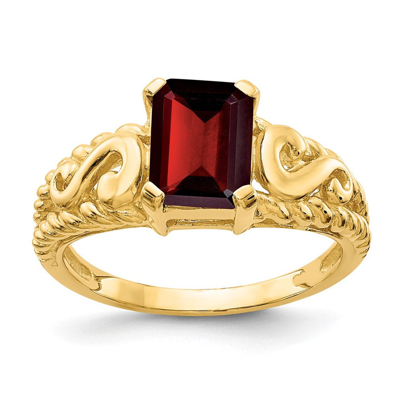 14K Gelbgold Ring mit Granat im Smaragdschliff, 8x6 mm