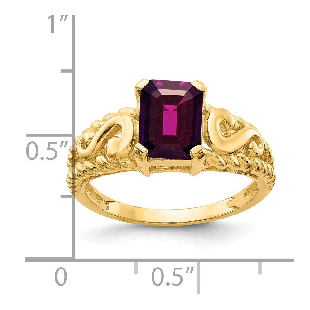 14K Gelbgold Ring mit 8x6 mm Rhodolith-Granat im Smaragdschliff