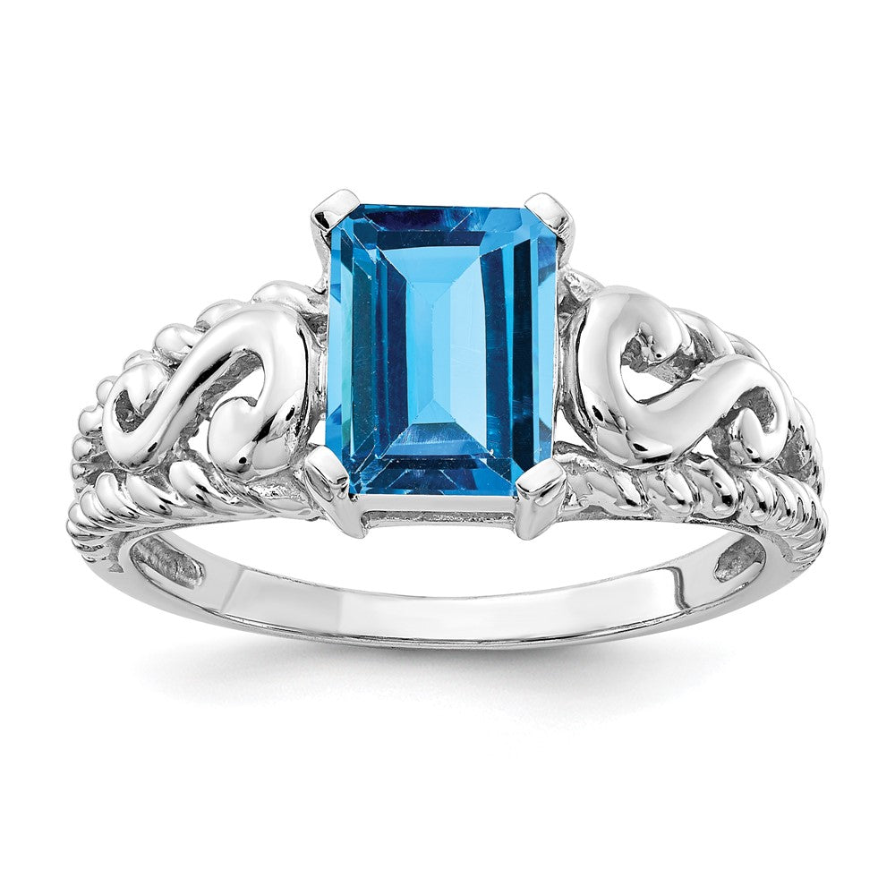 14K Weißgold Ring mit Blautopas im Smaragdschliff, 8x6 mm