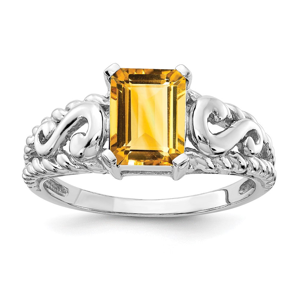 14K Weißgold Ring mit Citrin im Smaragdschliff 8x6mm