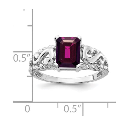 14K Weißgold Ring mit 8x6 mm Smaragdschliff Rhodolith-Granat