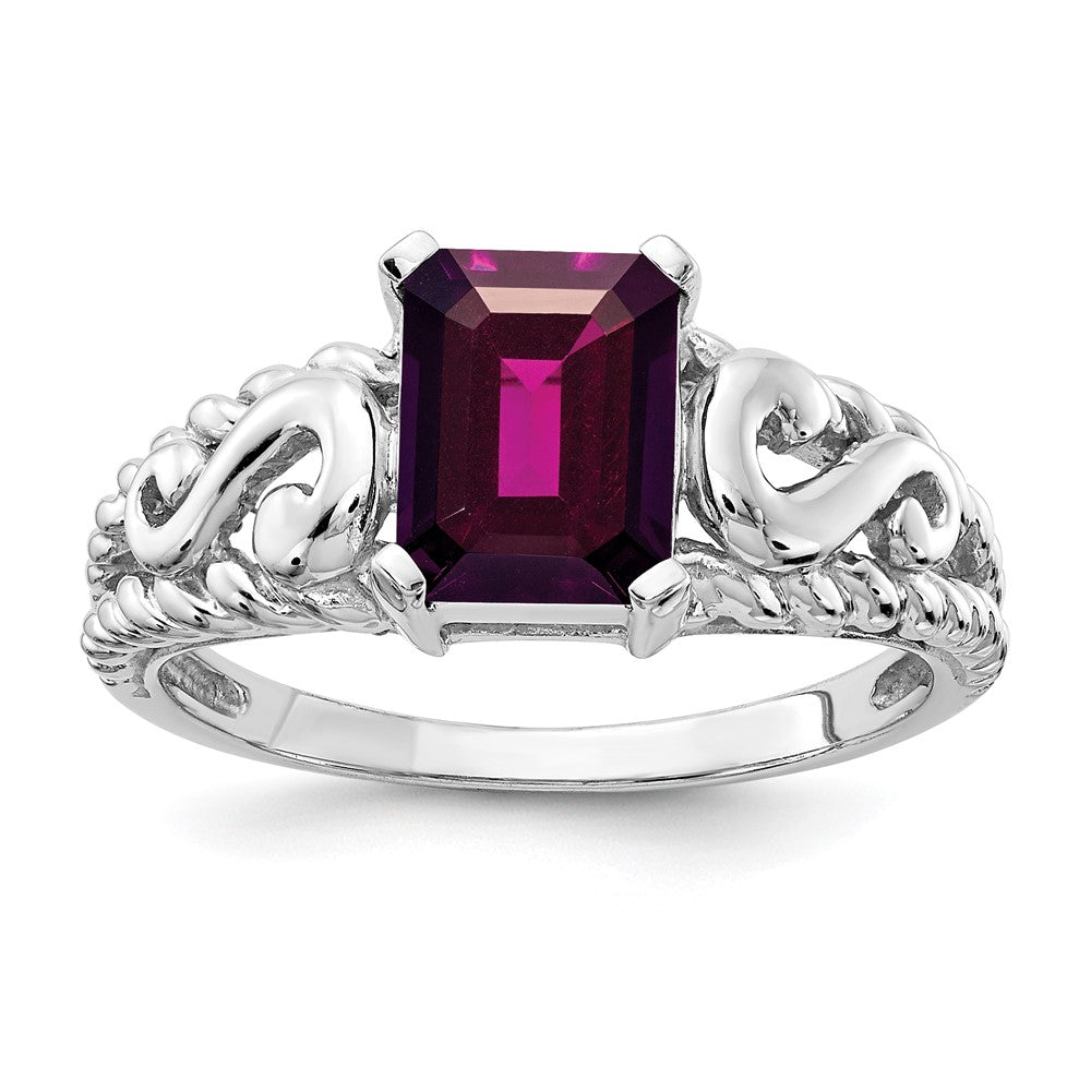 14K Weißgold Ring mit 8x6 mm Smaragdschliff Rhodolith-Granat