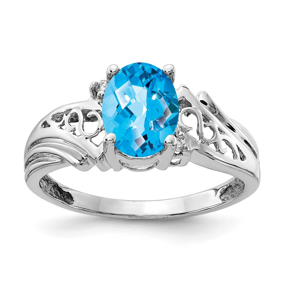 14K Weißgold 8x6mm Oval Blautopas Karo Aa Diamant Ring