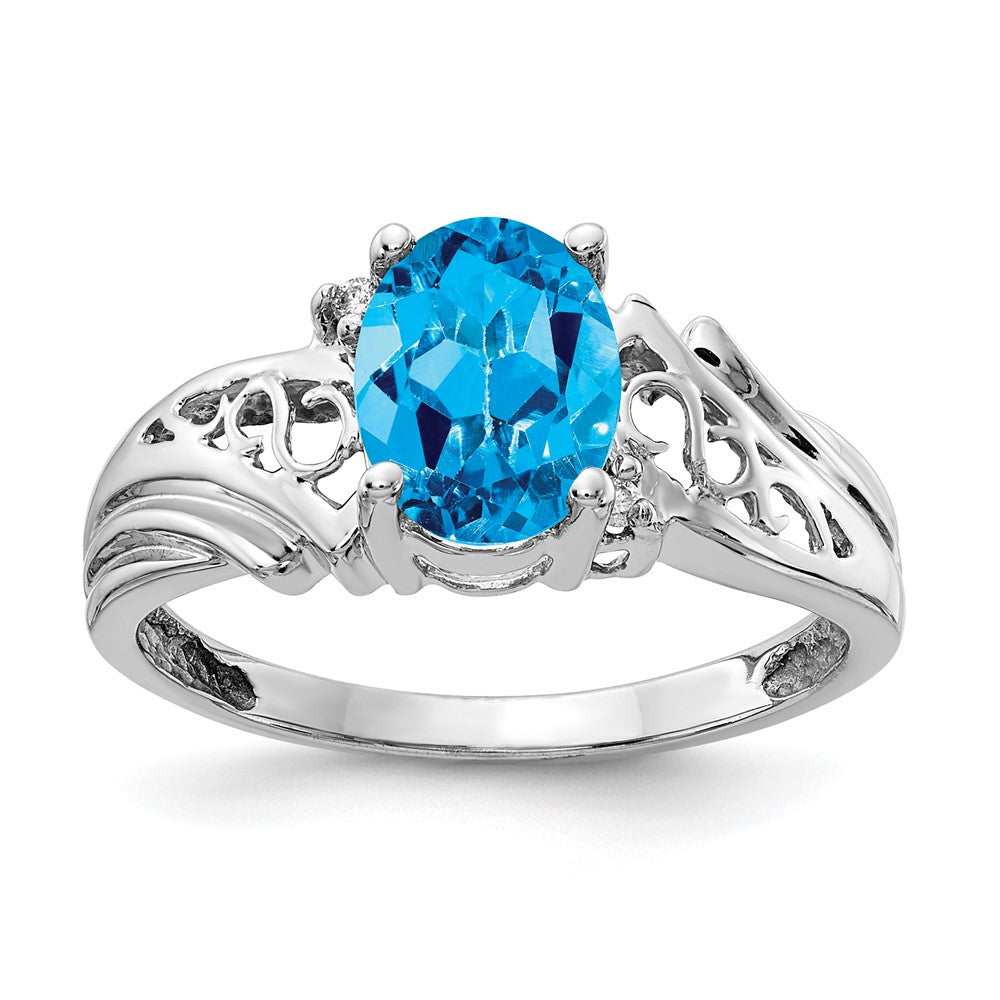 14K Weißgold 8x6mm Oval Blautopas A Echt Diamant Ring