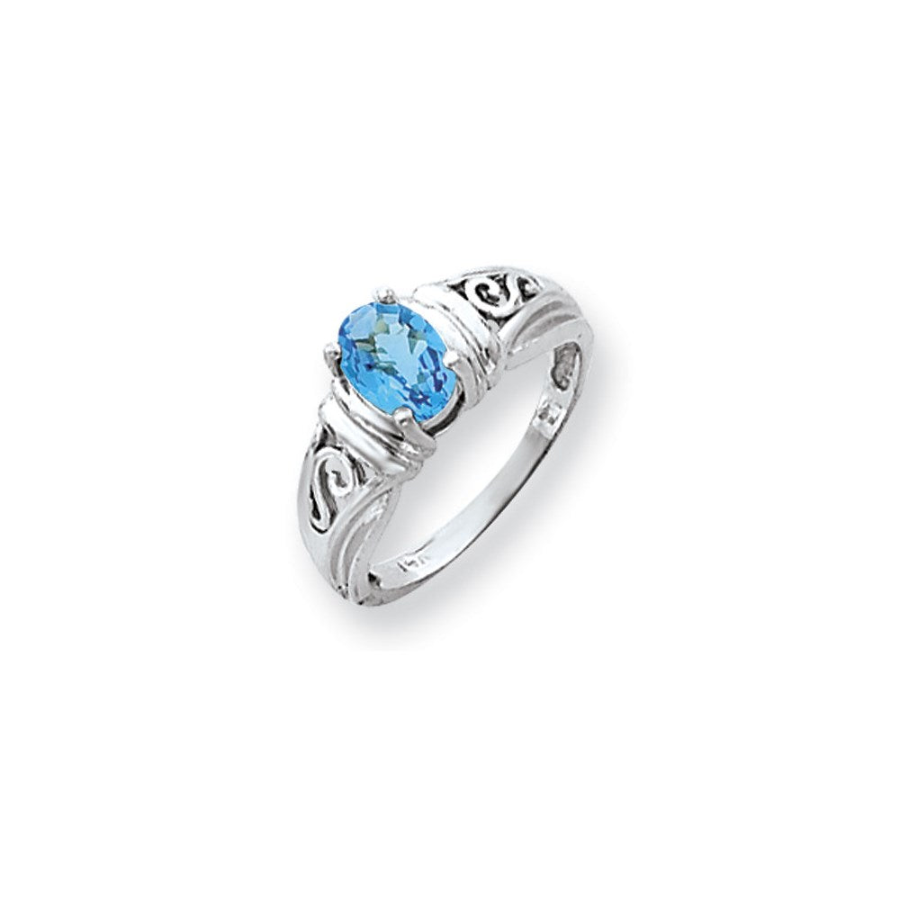 14K Weißgold Ring mit 7x5mm ovalem Blautopas im Schachbrettschliff