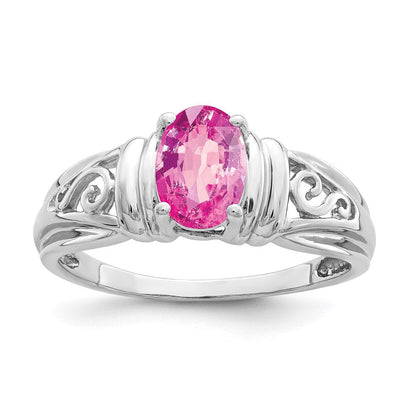 14K Weißgold Ring mit ovalem rosa Saphir, 7x5 mm