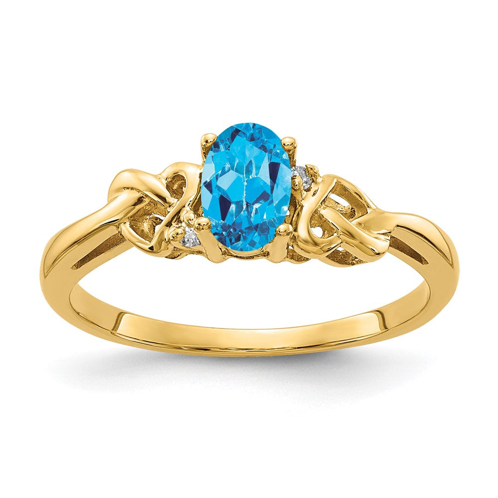 14K Gelbgold 6x4mm Oval Blautopas A Echt Diamant Ring