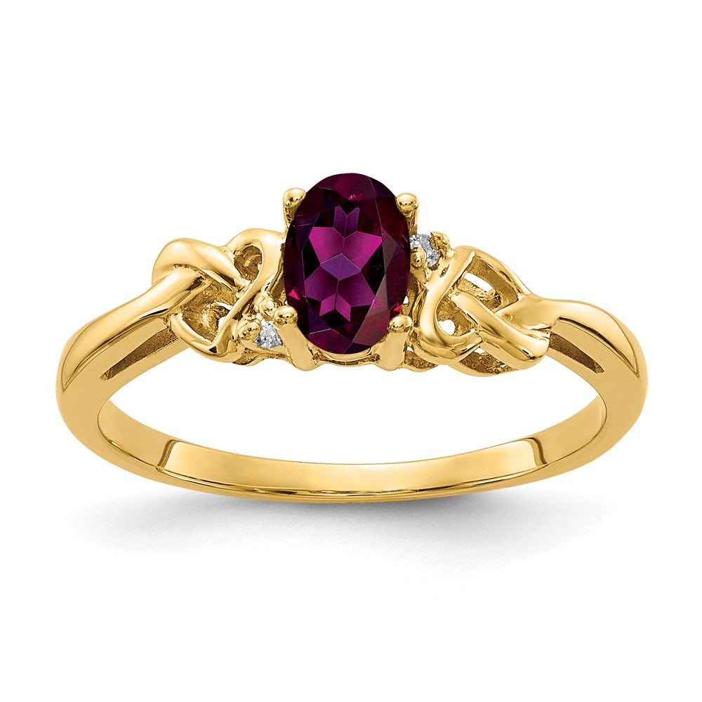 14K Gelbgold 6x4mm Oval Rhodolith Granat Aa Diamant Ring