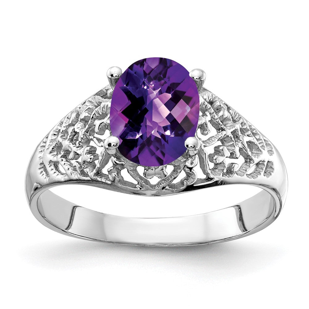 14K Weißgold Ring mit 8x6 mm ovalem Amethyst im Schachbrettschliff