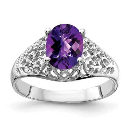 14K Weißgold Ring mit 8x6 mm ovalem Amethyst im Schachbrettschliff