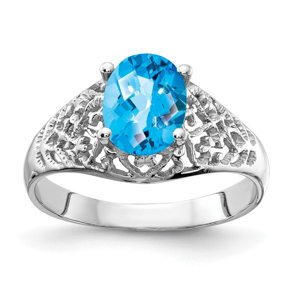14K Weißgold Ring mit 8x6mm ovalem Blautopas im Schachbrettschliff