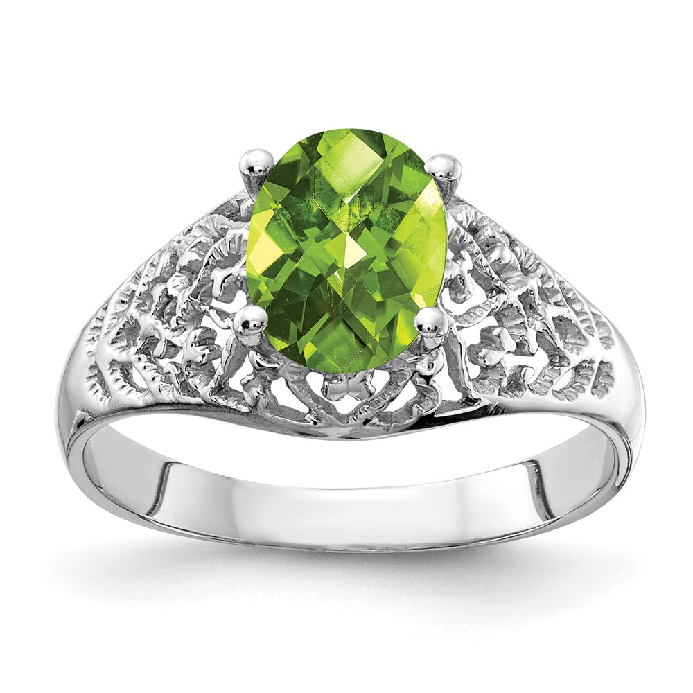 14K Weißgold Ring mit 8x6mm ovalem Peridot im Schachbrettschliff