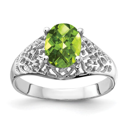 14K Weißgold Ring mit 8x6mm ovalem Peridot im Schachbrettschliff