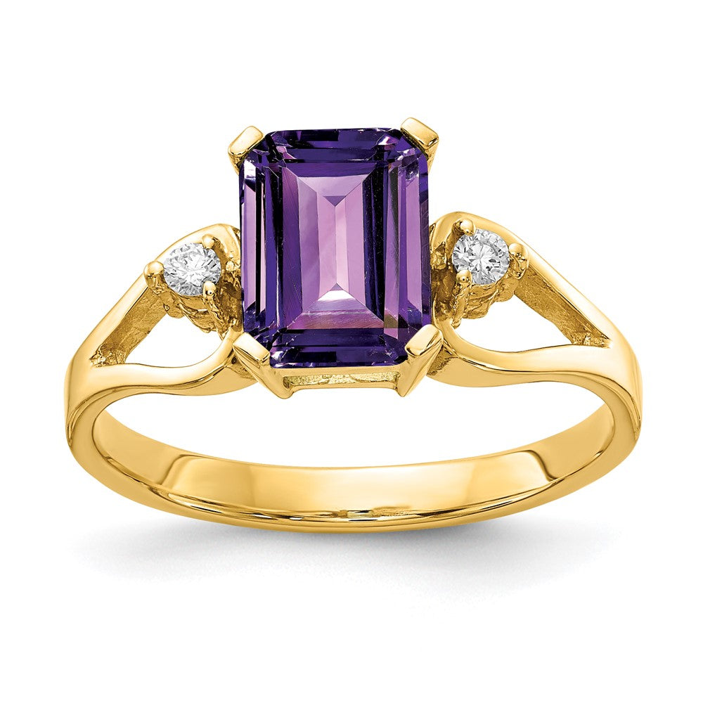 14K Gelbgold 8x6mm Smaragdschliff Amethyst A Echt Diamant Ring