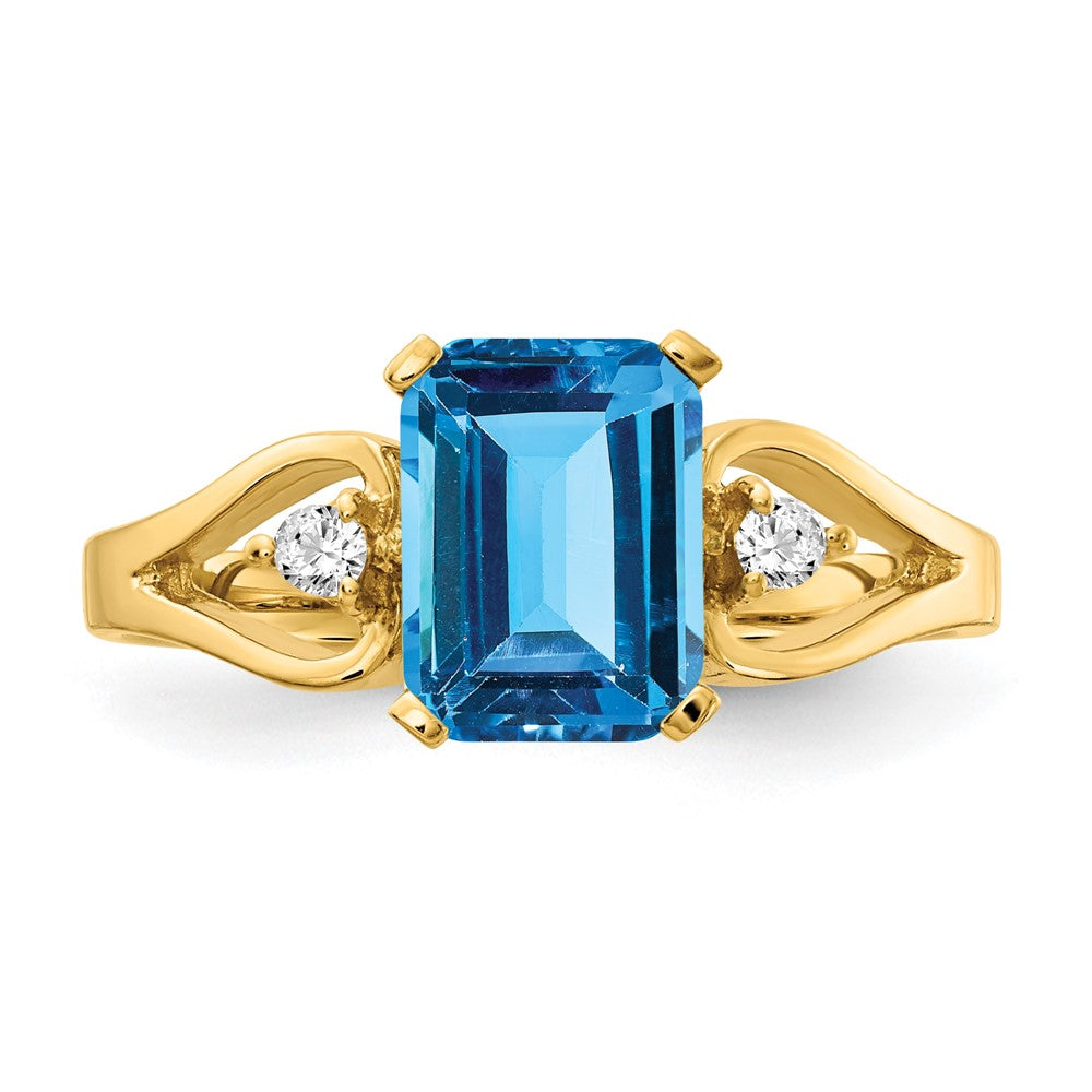 14K Gelbgold 8x6mm Smaragdschliff Blautopas A Echt Diamant Ring