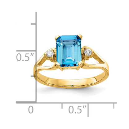 14K Gelbgold 8x6mm Smaragdschliff Blautopas A Echt Diamant Ring