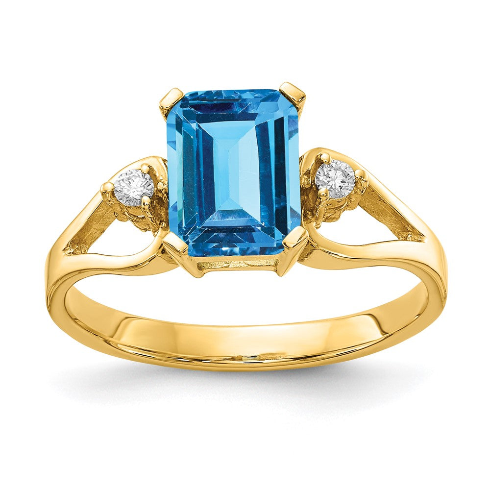 14K Gelbgold 8x6mm Smaragdschliff Blautopas A Echt Diamant Ring
