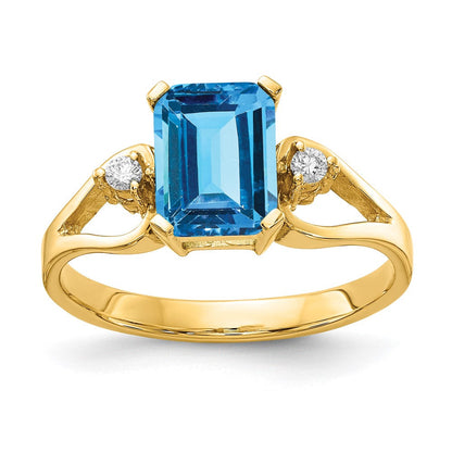 14K Gelbgold 8x6mm Smaragdschliff Blautopas A Echt Diamant Ring