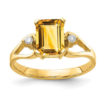 14K Gelbgold 8x6mm Smaragdschliff Citrin Aa Diamant Ring