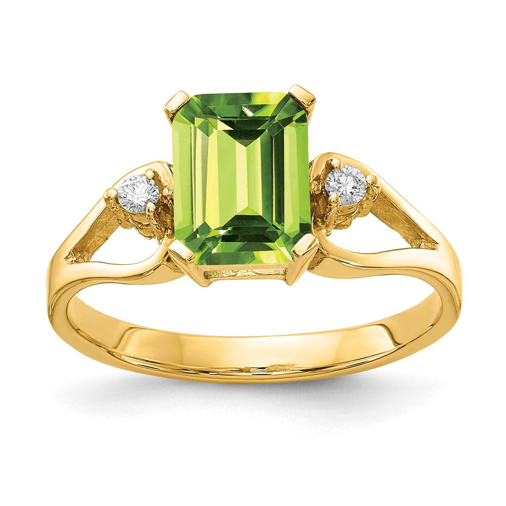 14K Gelbgold 8x6mm Smaragdschliff Peridot A Echt Diamant Ring