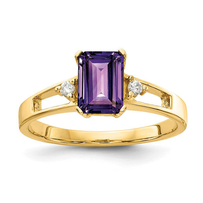 14K Gelbgold 7x5mm Smaragdschliff Amethyst A Echt Diamant Ring