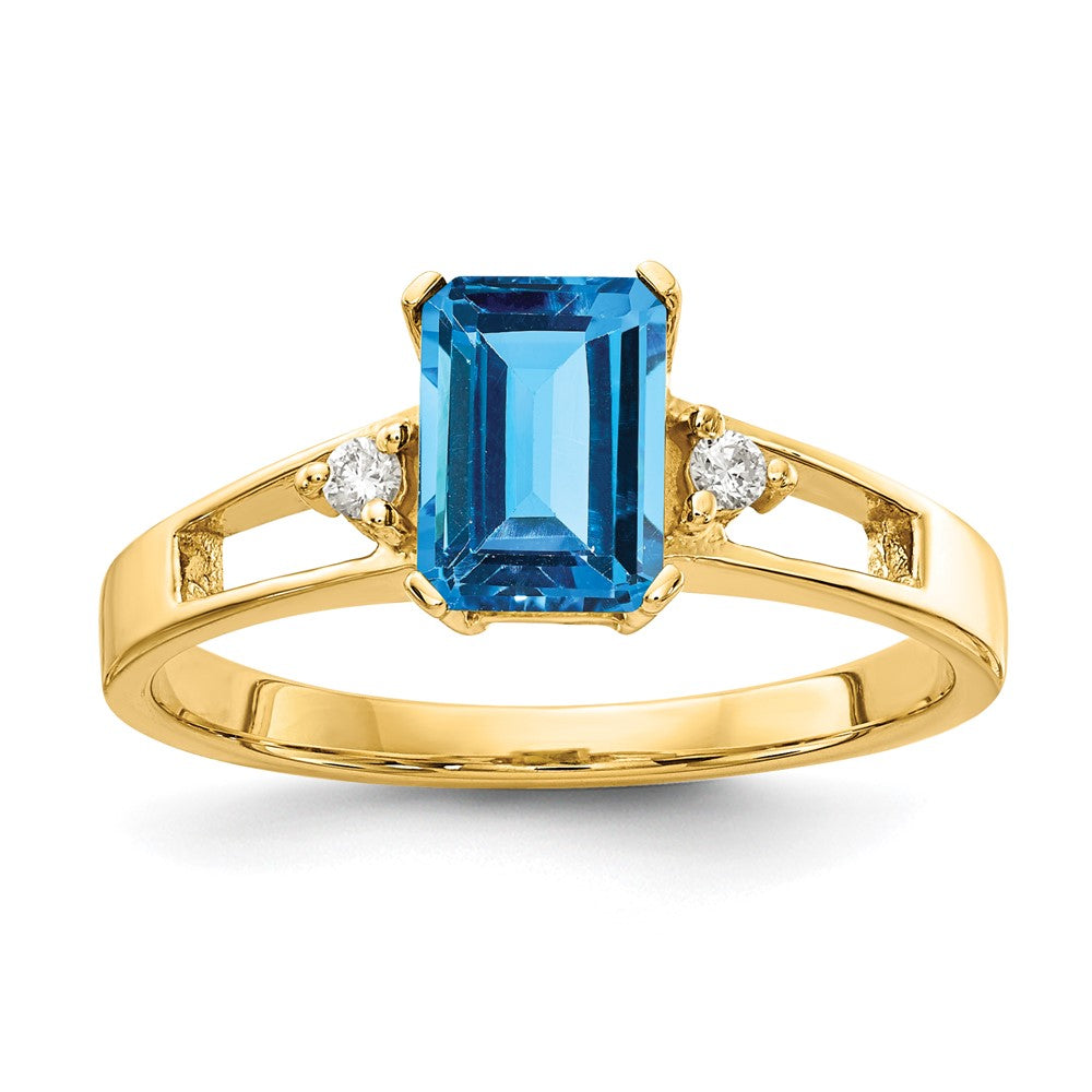 14K Gelbgold 7x5mm Smaragdschliff Blautopas A Echt Diamant Ring