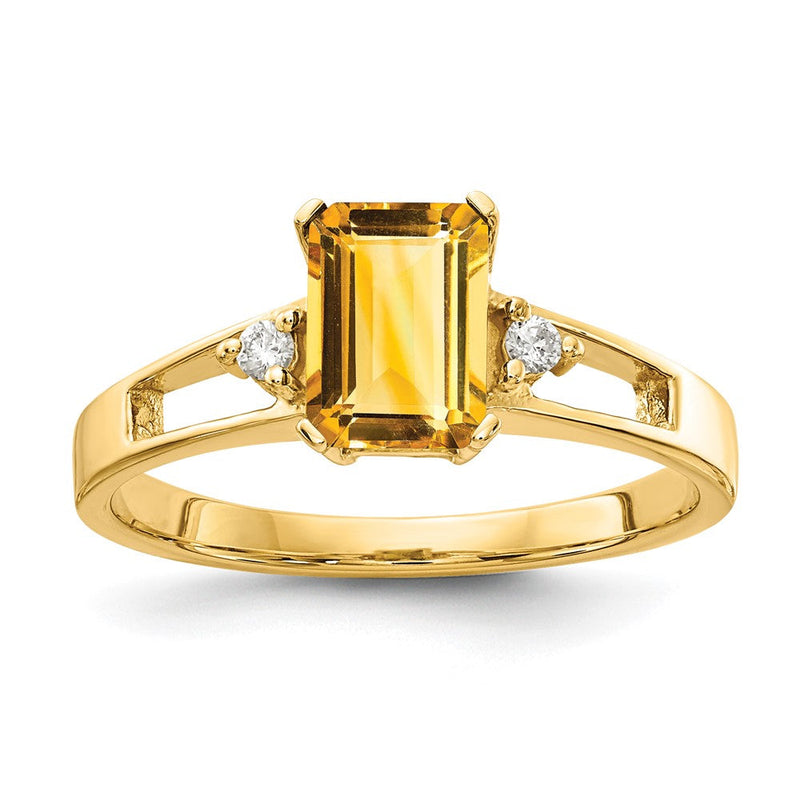 14K Gelbgold 7x5mm Smaragdschliff Citrin A Echt Diamant Ring