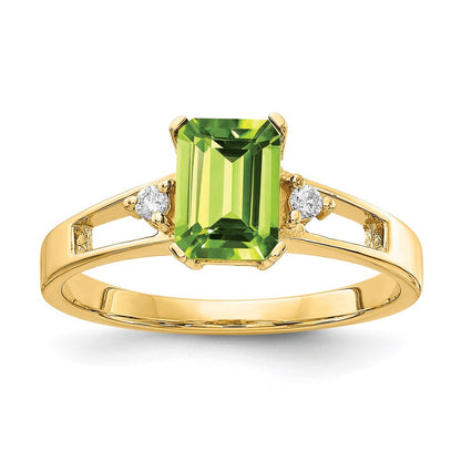 14K Gelbgold 7x5mm Smaragdschliff Peridot A Echt Diamant Ring