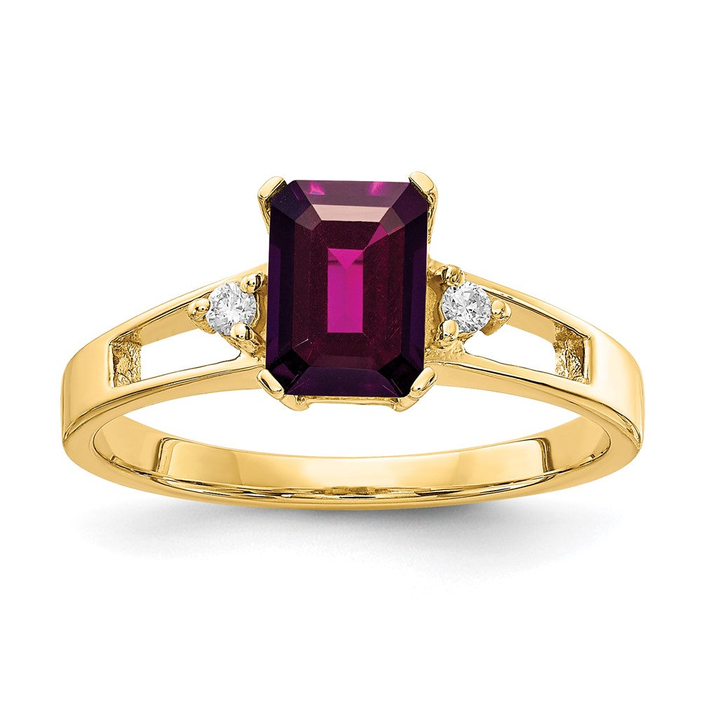 14K Gelbgold 7x5mm Smaragdschliff Rhodolith Granat Aaa Diamant Ring