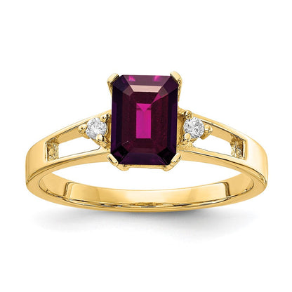 14K Gelbgold 7x5mm Smaragdschliff Rhodolith Granat Aa Diamant Ring