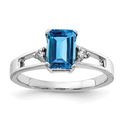 14K Weißgold 7x5mm Smaragdschliff Blautopas A Echt Diamant Ring