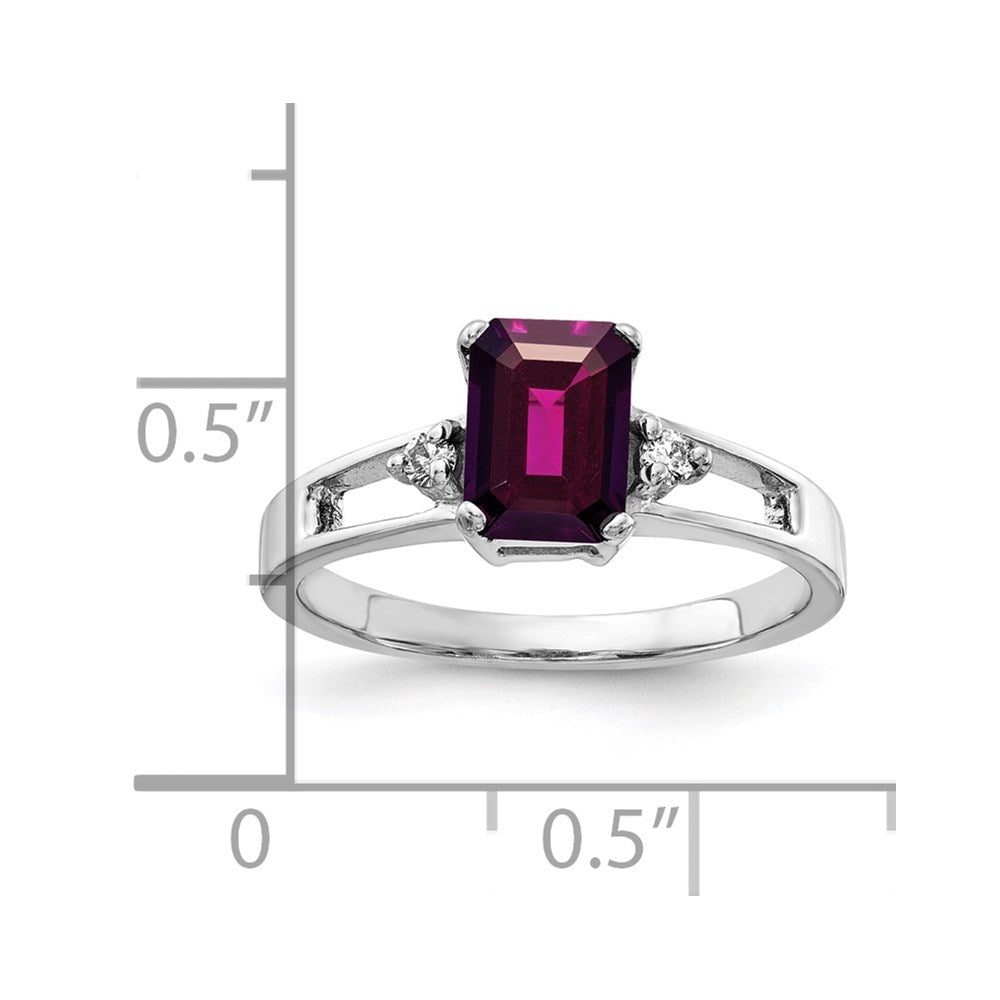 14K Weißgold 7x5mm Smaragdschliff Rhodolith Granat A Diamant Ring