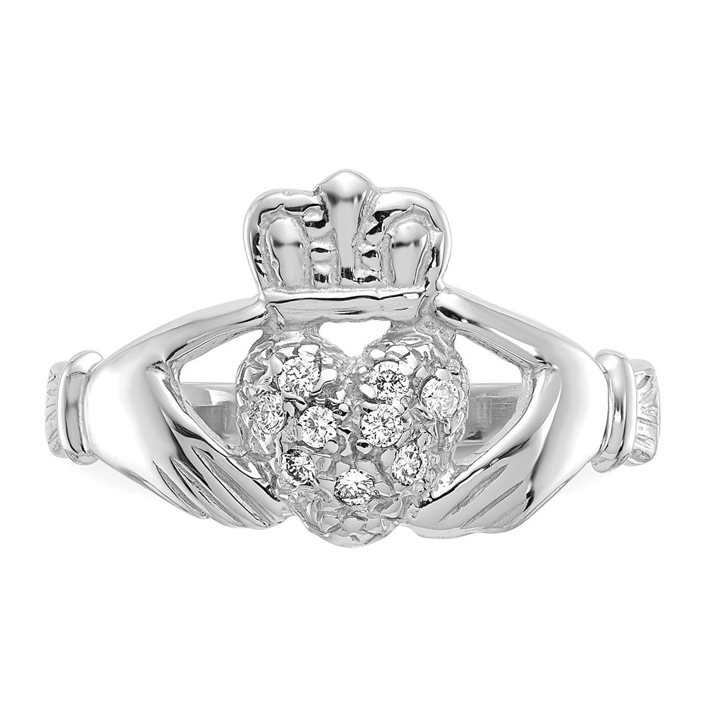 14K Weißgold Claddagh-Ring mit 0,1 ct. echten Diamanten, Qualität AA