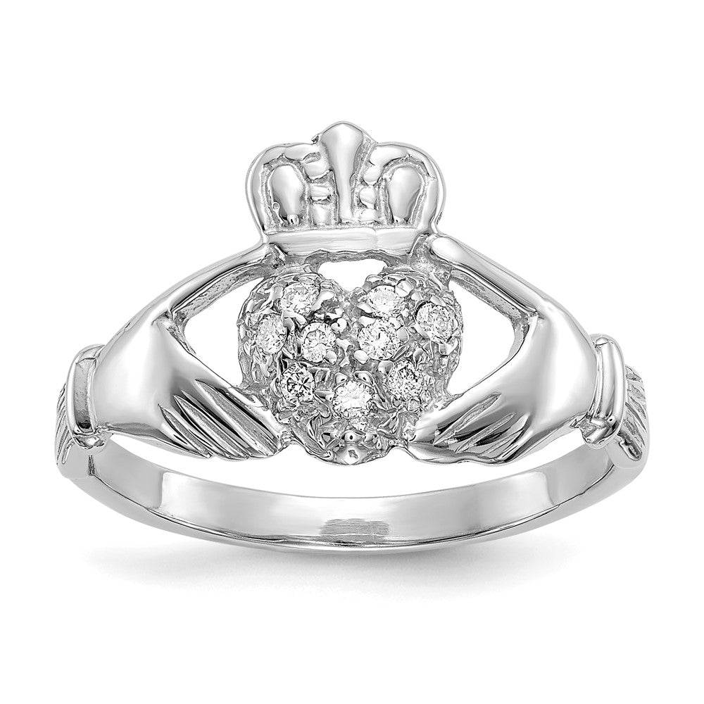 14K Weißgold Claddagh-Ring mit 0,1 ct. echten Diamanten, Qualität AA