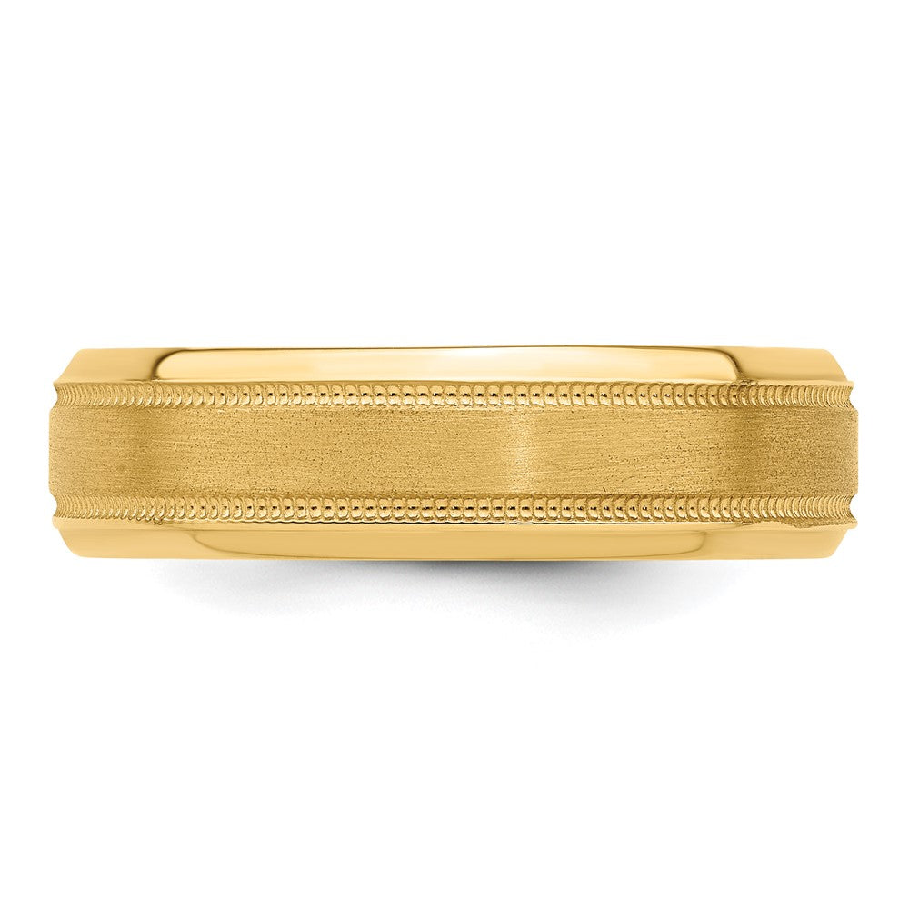 14K Gelbgold 6 mm Ehering mit hohem Gewicht, Komfortpassform, gebürstet-satiniert/poliert, Milgrain und gerillter Kante